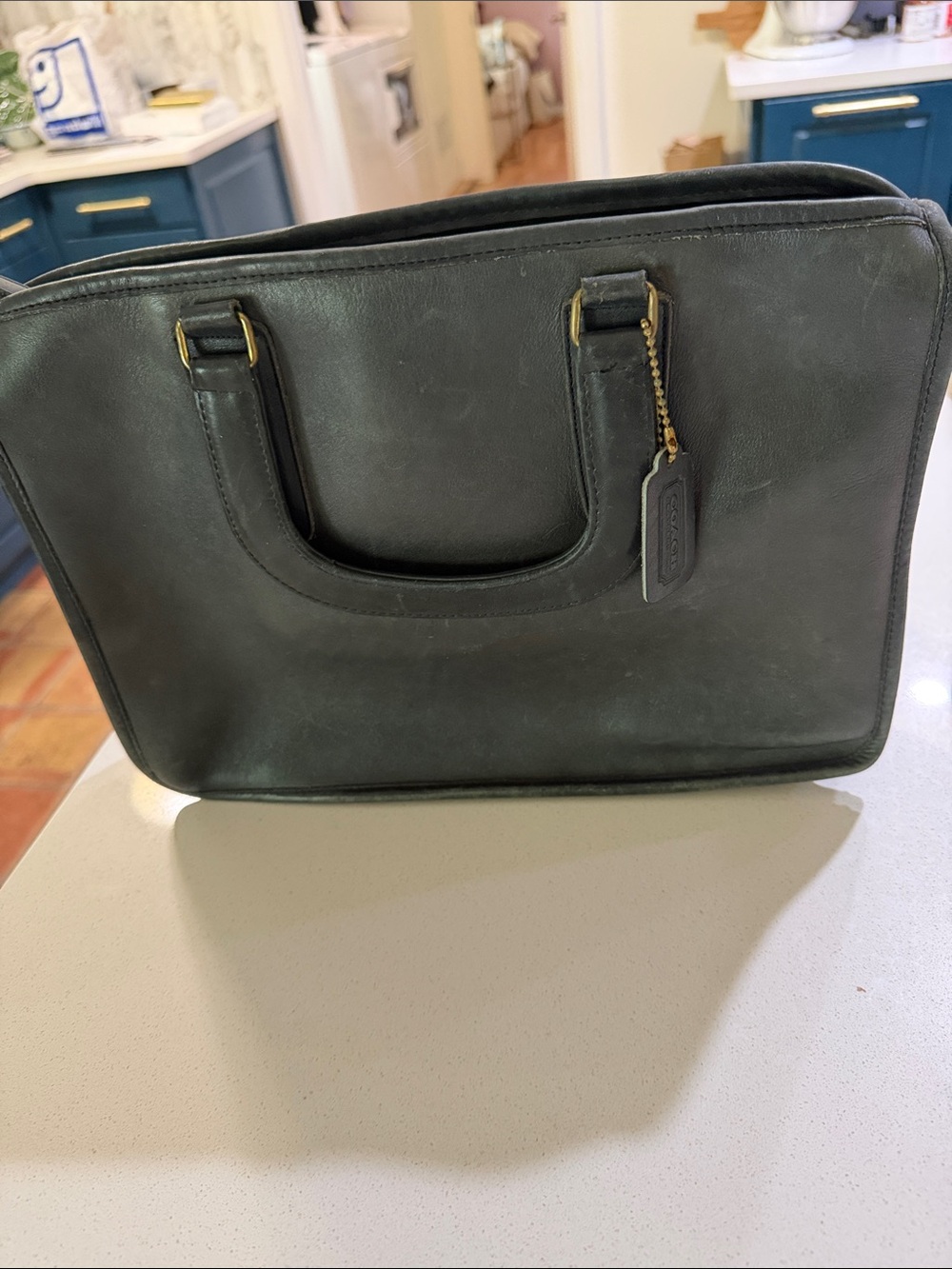 Coach Black Leather Tote with Brass Hardware